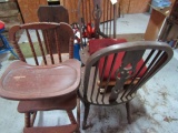 LOT OF SIDE CHAIRS AND HIGH CHAIR WITH ONE PRIMITIVE SIDE CHAIR