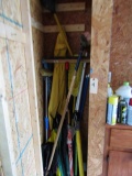 CONTENTS OF CABINET WITH MOPS RAIN GEAR UMBRELLAS AND MORE