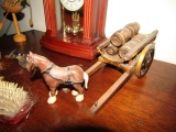 DECORATIVES ON TOP OF TABLE INCLUDING HORSE DRAWN WAGON ORIENTAL CARVING