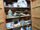 CONTENTS OF LARGE CABINET WITH COOLERS CLEANING SUPPLIES DECORATIONS COOKWA