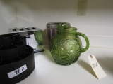 TOP OF COUNTER CONTENTS INCLUDING JARS TOASTER GREEN PITCHER KNIVES AND MOR