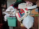 TABLE LOT INCLUDING LINENS DECORATIVES AND MORE