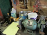 CABINET AND BENCH LOT INCLUDING GRINDER CLAMPS GREASE GUNS GARDEN SUPPLIES