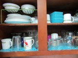 CONTENTS OF KITCHEN CABINET INCLUDING GLASSES DISHES STEMWARE BOWLS AND MOR