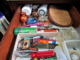 CONTENTS OF CABINET INCLUDING CASSEROLE DISHES SERVING PCS MISC TOOLS AND A