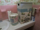 CONTENTS OF BATHROOM INCLUDING HAND PAINTED HAMPER ARTIFICIAL FLOWERS LINEN