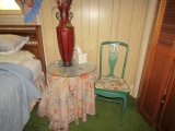 LARGE VASE APPROX 2 1/2 FEET WITH ARTIFICIAL FLOWERS SIDE CHAIR AND END TAB