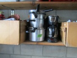 SHELF LOT INCLUDING PRESSURE COOKERS COFFEE MAKERS DECORATIONS