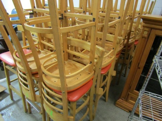 14 LADDERBACK MAPLE WOOD BAR STOOLS ORANGE CUSHIONS