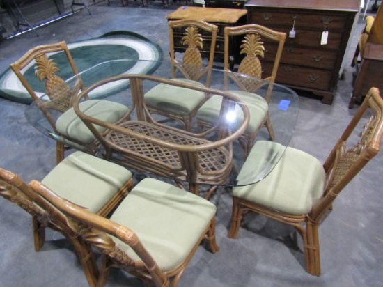 BEVELED GLASS TOP DINING ROOM TABLE RATTAN BASE 41 X 62 WITH 6 MATCHING CHA