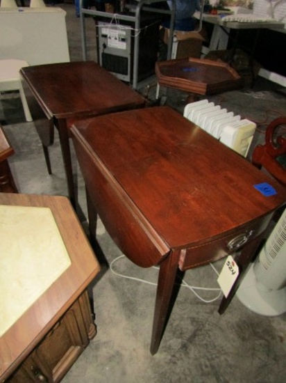 PAIR OF MAHOGANY DROP LEAF END TABLES WITH SINGLE DRAWER AND HOLLY INLAY