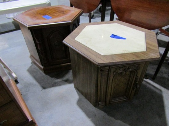 PAIR OF OCTAGON TOP END TABLES ONE WITH FAUX MARBLE TOP