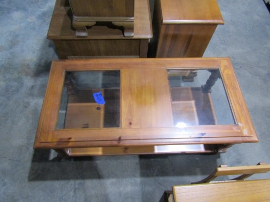 KNOTTY PINE COFFEE TABLE WITH BEVELED GLASS INSERTS