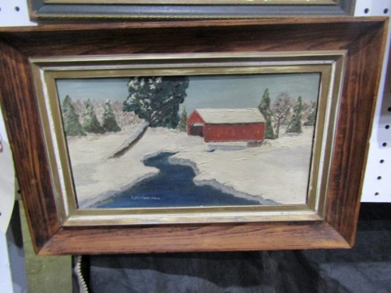 FRAMED OIL ON CANVAS SNOW SCENE BY E WINTERBOTTOM 18 X 12