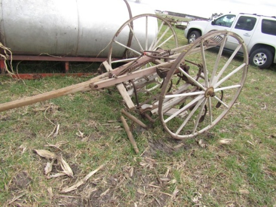 ANTIQUE HORSE DRAWN CULTIVATOR WOODEN FRAME 52" WOODEN SPOKE WHEEL POWDER P