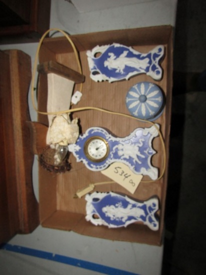 DRESSER SET INCLUDING BLUE AND WHITE AND WEDGEWHITE COVERED DISH AND MORE