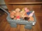 WOODEN WAGON AND CONTENTS STUFF ANIMALS AND RAG DOLLS