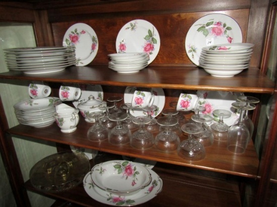 CONTENTS OF CHINA HUTCH INCLUDING SET OF SANGO CHINA ROSE LINDA PATTERN APP