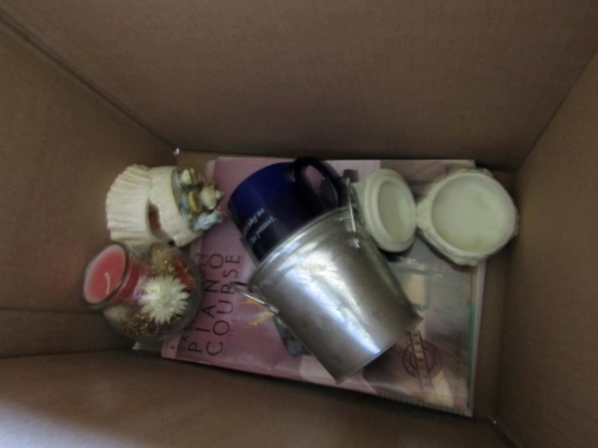 BOX INCLUDING MISC COLLECTIBLES MILK GLASS COFFEE MUGS BOOKS AND MORE