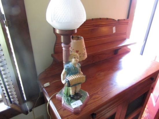 ANTIQUE CHALKWARE GIRL PLAYING ACCORDIAN LAMP