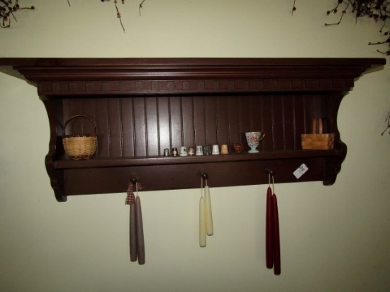 COUNTRY CRAFT STYLE COAT AND HAT RACK WITH SHELF AND CONTENTS THIMBLES CAND