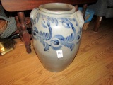 ANTIQUE SALT GLAZE POT WITH DOUBLE EARS AND LOTS OF BLUE FERN WORK APPROX 1