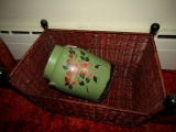 SALT GLAZE CROCK WITH GREEN AND FLORAL DESIGN AND MAGAZINE RACK