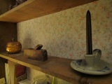 SHELF LOT INCLUDING ANTIQUE BLOCK PLANE CANDLE HOLDER AND MORE