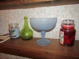 SHELF LOT INCLUDING BOOKS CANDLE AND GLASS