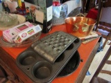 COUNTER TOP LOT INCLUDING COPPER BOWL MUFFIN TINS GLASS JUICERS GRINDERS AN