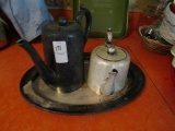 COFFEE AND TEA POT AND TRAY MARKED WALKER AND HALL SHEFFIELD ENGLAND