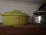 CABINET LOT INCLUDING COFFEE POTS COVERED CANISTER AND CASSEROLE