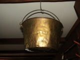 BRASS PAIL WITH HAND FORGED HANDLE AND FISH DINNER BELL AND ALUMINUM PITCHE