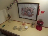 CONTENTS OF WINDOW SEAT OIL LAMPS DRESSER SET AND MORE