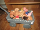 WOODEN WAGON AND CONTENTS STUFF ANIMALS AND RAG DOLLS
