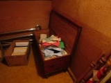 CONTENTS OF CLOSET INCLUDING CEDAR BLANKET CHEST LINENS CLOTHES AND MORE