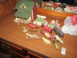 COLLECTION OF TOYS INCLUDING PLASTIC FARM ANIMALS HANDMADE WOOD HOUSE AND M