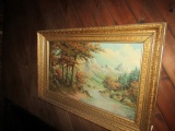 OIL ON CANVAS MOUNTAIN AND STREAM SCENE BY P SCHOLITE JR IN ANTIQUE ORNATE