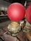 BRASS OIL LAMP WITH BIRDS AND FLORAL DESIGN RED GLASS SHADE