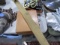 TABLE LOT INCLUDING CANVAS GUN BARREL COVER WOODEN BOX EARLY ELECTRIC CONDU
