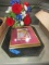 LARGE HAND PAINTED TRAY WITH FLOWER VASE AND ARTIFICIAL FLOWERS AND MORE