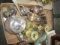 BOX LOT SILVER PLATE COFFEE POTS TEA POTS LARGE BRASS CANDLE STICKS