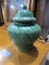 COVERED GINGER JAR WITH GREEN DIAMOND PATTERN