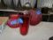 2 EARLY RED GLASS LAMP SHADES AND RED GLASS VASE