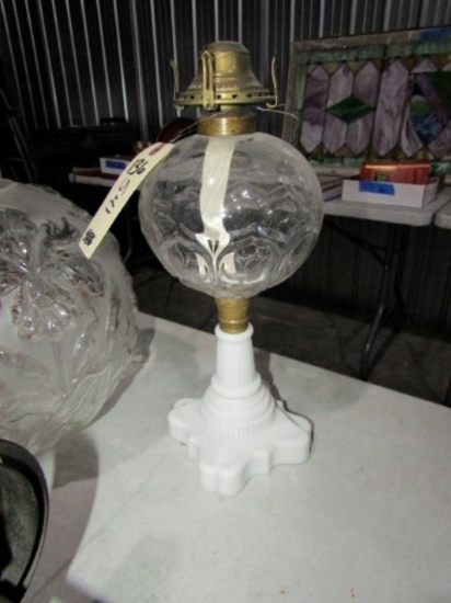 WHALE OIL LAMP WITH WHITE MILK GLASS AND BRASS BASE AND CLEAR BOWL