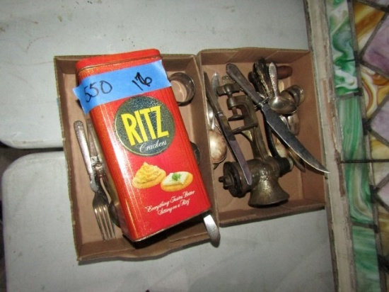 2 BOXES FLATWARE AND HAND GRINDER AND RITZ TIN