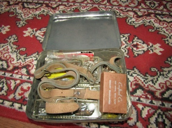 TIN WITH LEATHER FASTENERS BUCKLES AND MORE