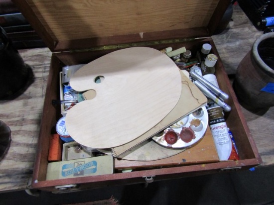 PLYWOOD BOX FULL OF ART SUPPLIES