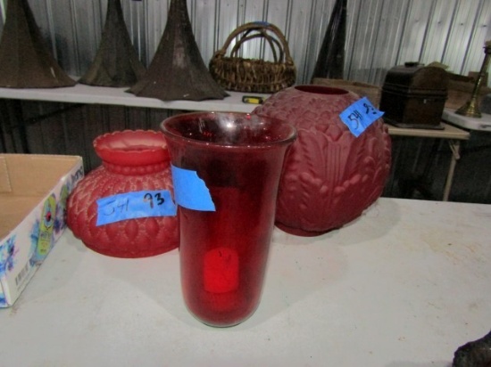 2 EARLY RED GLASS LAMP SHADES AND RED GLASS VASE