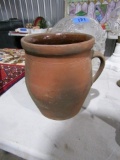 EARLY RED POTTERY PITCHER SINGLE HANDLE 9 INCH TALL X 7 INCH ACROSS